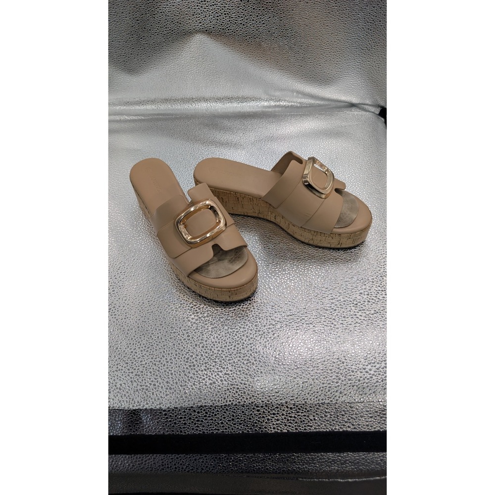Coutgo Womens Platform Slide Sandals Beige Gold Buckle Cork Wedge Size 6